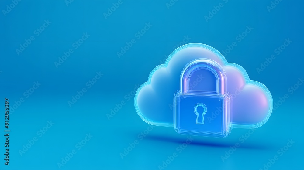 Blue cloud icon with a lock symbol representing data security and cloud storage on a blue background. Blue cloud icon with a lock symbol representing data security and cloud storage on a blue background.