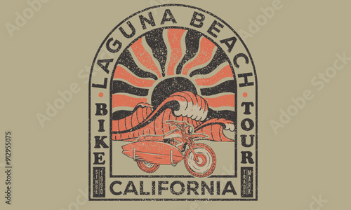 Laguna beach, California. Motorcycle beach ride. Big wave artwork. Summer vibes artwork. Surf club design. Sunshine Surf club artwork. 