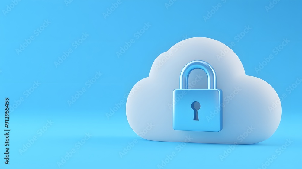Blue cloud icon with a padlock symbolizing security and protection in cloud computing on a blue background. Blue cloud icon with a padlock symbolizing security and protection in cloud computing on a blue background.