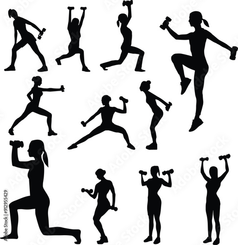 set of barbell gym workout activities silhouettes, lifting weights for diet, healthy women and ideal bodies, suitable for sport template design.	