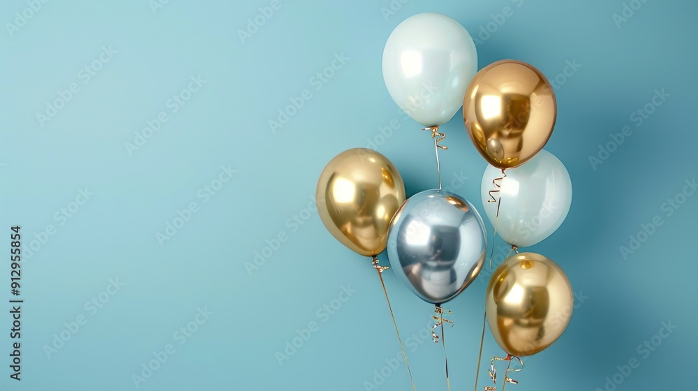 Bunch of golden and silver balloons against a blue wall creating a festive and celebratory Bunch of golden and silver balloons against a blue wall creating a festive and celebratory