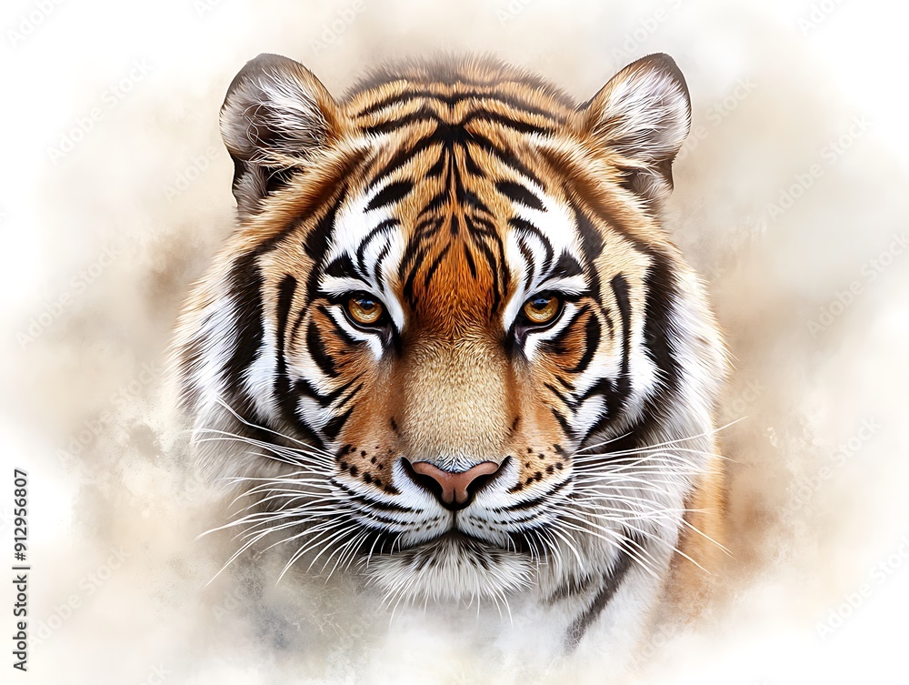 Obraz premium Watercolor portrait of a fierce tiger, capturing its intense gaze and striking stripes with a dreamy, artistic flair