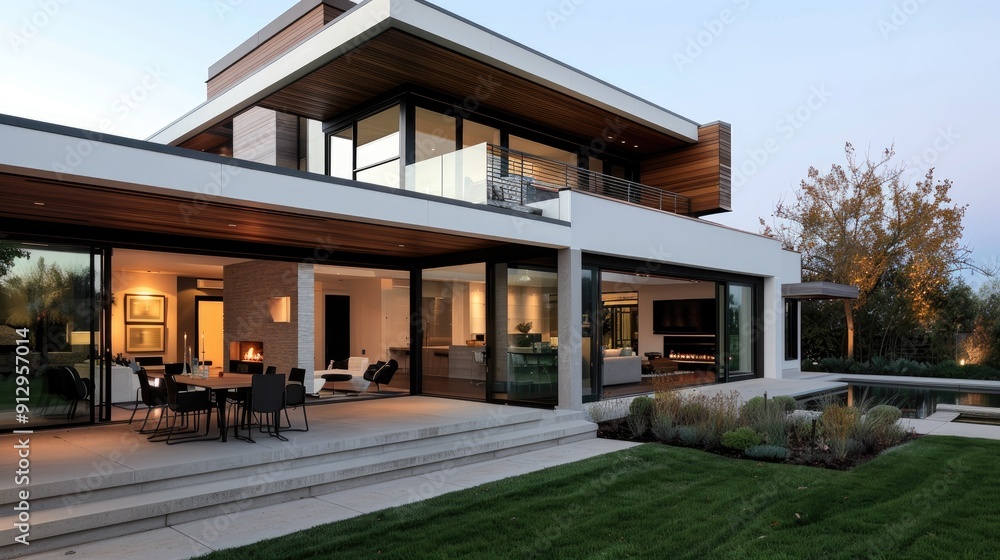A luxurious modern home with large glass doors, spacious outdoor seating areas, and a well-manicured lawn. The open design seamlessly blends indoor and outdoor living spaces. A luxurious modern home with large glass doors, spacious outdoor seating areas, and a well-manicured lawn. The open design seamlessly blends indoor and outdoor living spaces.
