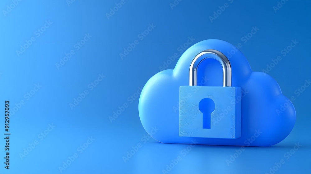 Blue cloud symbol with a lock, representing data security, cloud storage, and online safety in a digital world. 3D rendering. Blue cloud symbol with a lock, representing data security, cloud storage, and online safety in a digital world. 3D rendering.