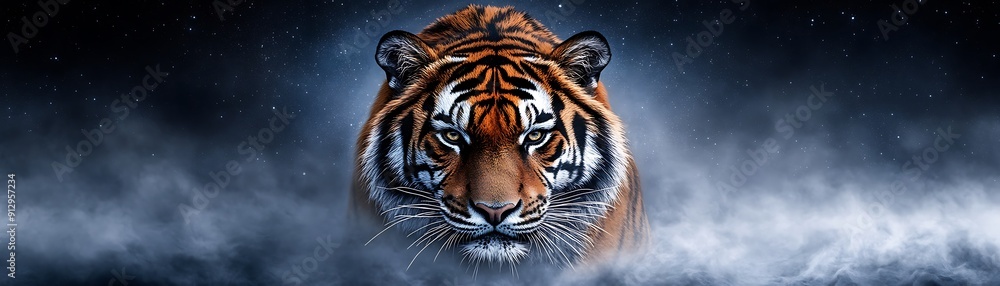 Fototapeta premium Night scene of a tiger under a starry sky, illuminated by moonlight, in a dreamy watercolor style