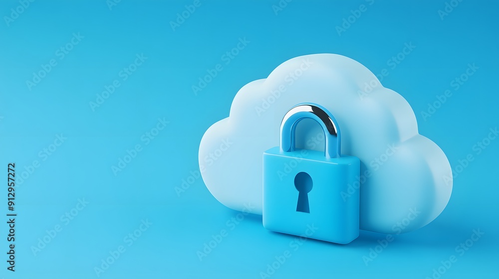 Blue cloud symbol with a secure lock, representing cloud security and data protection, against a blue background. Blue cloud symbol with a secure lock, representing cloud security and data protection, against a blue background.