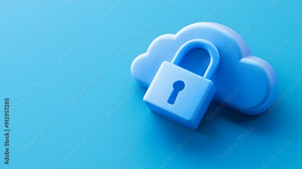 Blue cloud symbol with padlock, representing cloud security and data protection on a solid blue background. Blue cloud symbol with padlock, representing cloud security and data protection on a solid blue background.