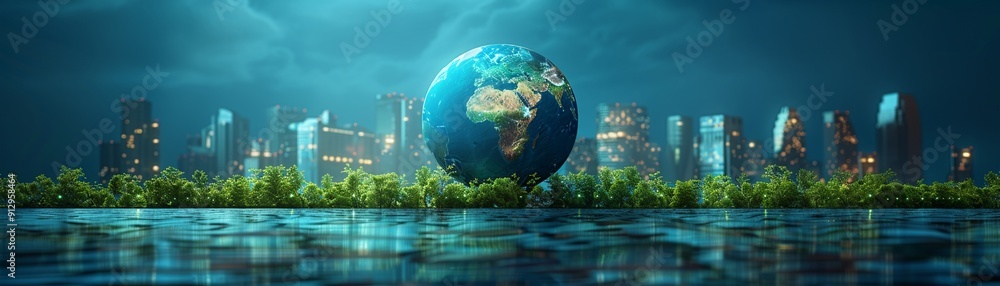Globe with energyefficient technology and sustainable transport minimal icon flat blue background digital art space for Ad Globe with energyefficient technology and sustainable transport minimal icon flat blue background digital art space for Ad