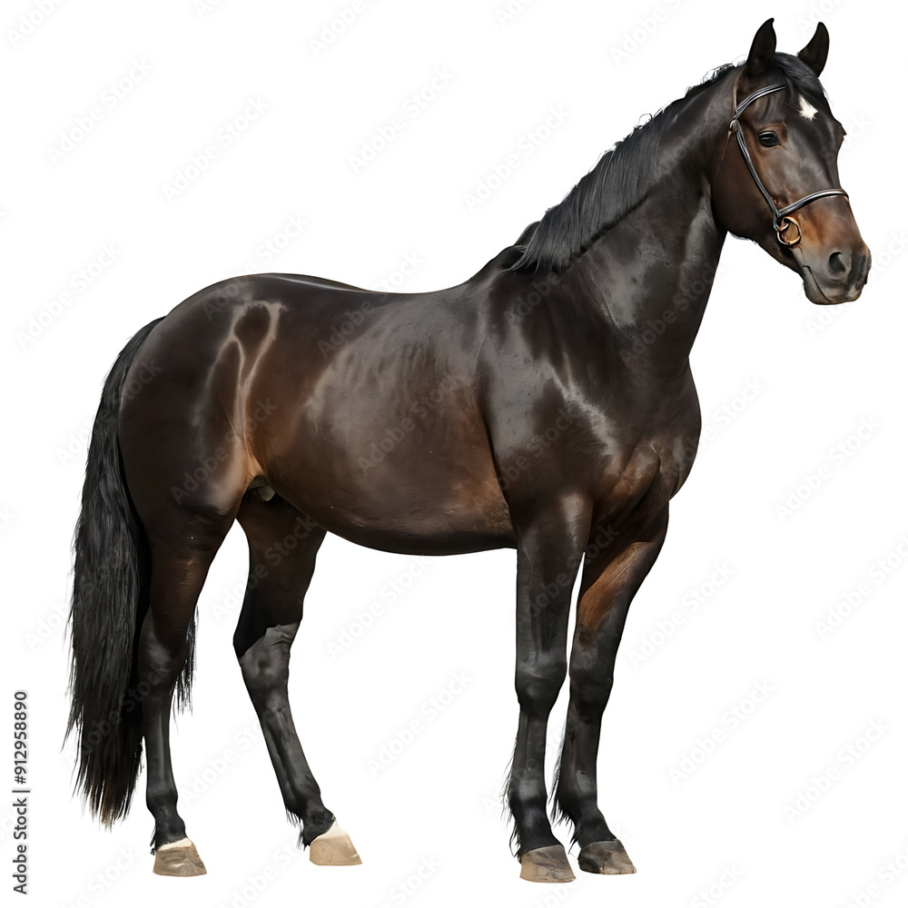 A bay horse in a bridle stands alertly, its coat gleaming. Transparent PNG for easy isolation. Ideal for equestrian, nature, or design projects. A bay horse in a bridle stands alertly, its coat gleaming. Transparent PNG for easy isolation. Ideal for equestrian, nature, or design projects.