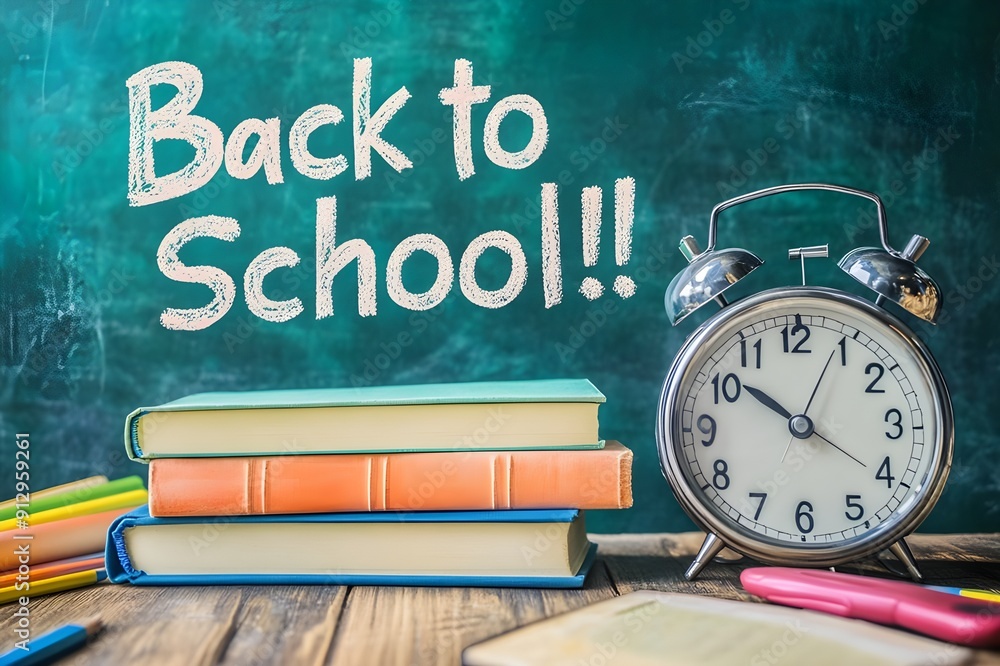 Back to school concept with green chalkboard, a clock, a stationery and ...