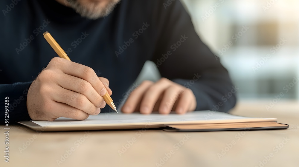 A man using a pencil to write on a piece of paper, focusing on the act of writing A man using a pencil to write on a piece of paper, focusing on the act of writing