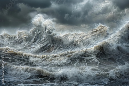 Stormy sea, with massive waves rolling and clashing under dark, ominous clouds, power and majesty of the ocean in turmoil photo