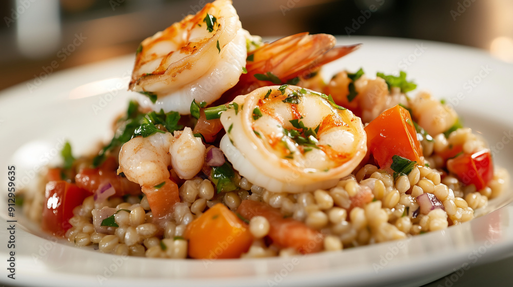 Seafood and barley salad on a white plate is a feast for the eyes and palate. The bright white background of the plate contrasts beautifully with the intense colors of the ingredients Seafood and barley salad on a white plate is a feast for the eyes and palate. The bright white background of the plate contrasts beautifully with the intense colors of the ingredients