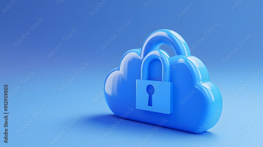 Blue cloudy icon with lock symbol representing cloud security and data protection in a digital environment. Blue cloudy icon with lock symbol representing cloud security and data protection in a digital environment.