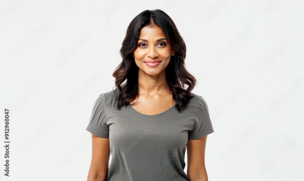 Medium shot portrait of a Brazilian woman in her 40s in a white background wearing a casual t-shirt Medium shot portrait of a Brazilian woman in her 40s in a white background wearing a casual t-shirt