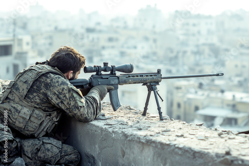 A soldier in full camouflage uniform takes a prone position on a rooftop, aiming a sniper rifle towards a distant. Generative AI.