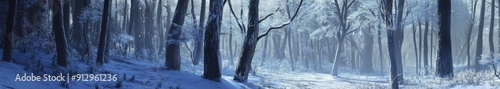 Frosty Enchantment: An Animated Snow-Covered Forest Canvas, Capturing the Winter's Silent Embrace of Nature. photo