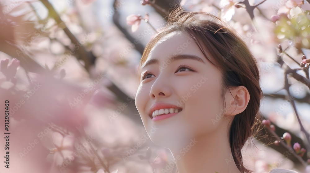 Smiling Woman Enjoying Blossoming Cherry Trees In Park During Spring Morning Smiling Woman Enjoying Blossoming Cherry Trees In Park During Spring Morning
