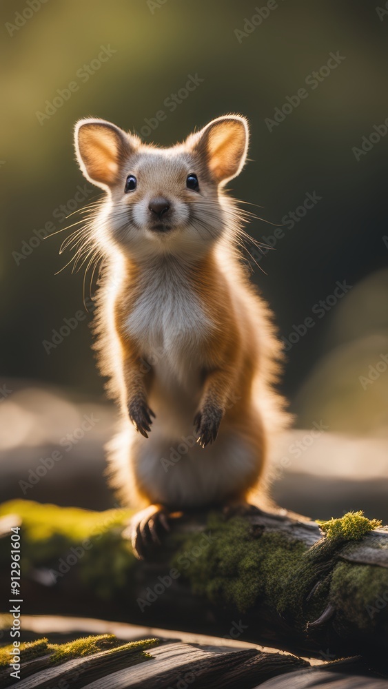 A young squirrel-like animal stands on a mossy surface front paws raised curious gaze directed forward. A young squirrel-like animal stands on a mossy surface front paws raised curious gaze directed forward.