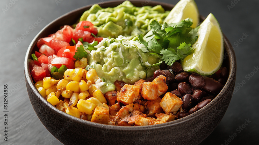 The Southwestern style food bowl presents a colorful and appetizing composition, full of a variety of flavors The Southwestern style food bowl presents a colorful and appetizing composition, full of a variety of flavors