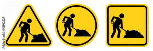 Under construction warning sign. Road works sign. Attention, road works are underway. Road safety and prevention of accidents during road construction. Vector Illustration.