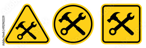 Under construction warning sign. Road works sign. Attention, road works are underway. Road safety and prevention of accidents during road construction. Vector Illustration.