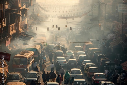 A crowded street market with vendors and shoppers trying to navigate through the dense traffic and smoke from nearby vehicles