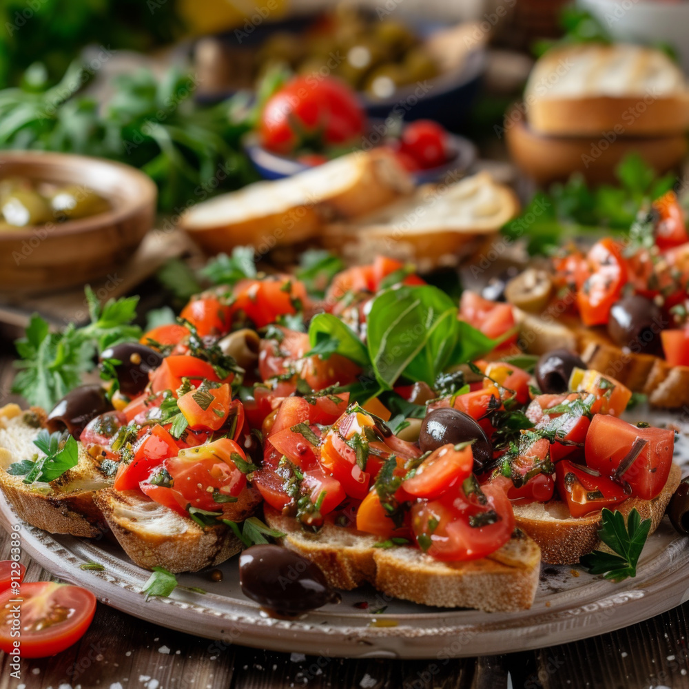 Toasted Bread Bruschetta with Tomato, Basil, Olives, and Parsley Toasted Bread Bruschetta with Tomato, Basil, Olives, and Parsley