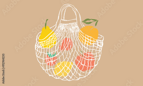 Net shopping bag artwork. Vintage fruit graphic design. Summer organic fruit artwork.