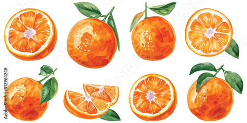 Watercolor orange fruits with green leaves half slices set collection design resources elements