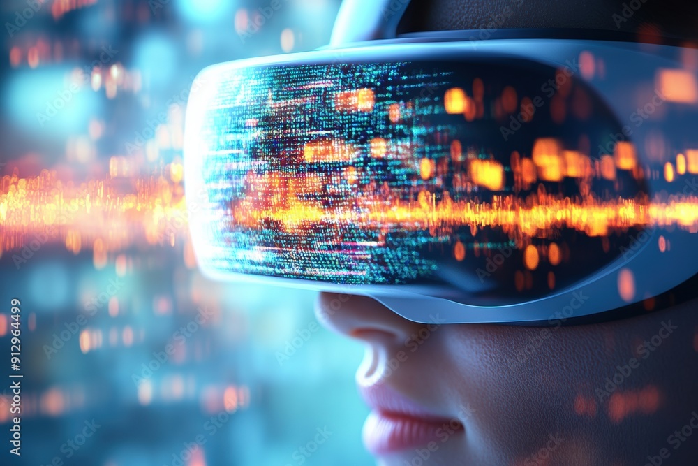 Close-Up of VR Headset Reflecting Digital Data Stream Close-Up of VR Headset Reflecting Digital Data Stream