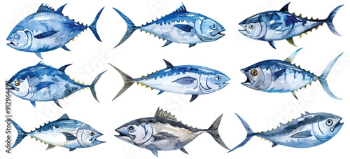 Watercolor blue fin tuna saltwater fish set collection design resources elements