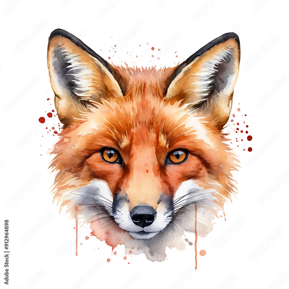 Fototapeta premium Watercolor painting of a red fox with piercing orange eyes. Transparent PNG for versatile use. Perfect for wildlife art, children's books, or nature-themed designs.