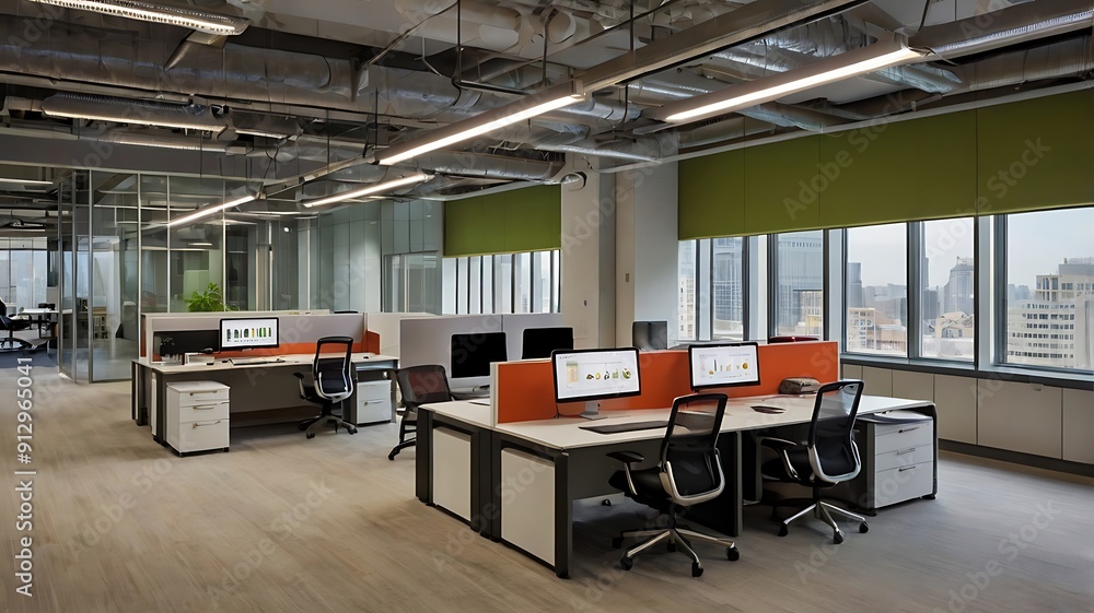 A professional office environment with modern furniture and collaborative workspaces A professional office environment with modern furniture and collaborative workspaces