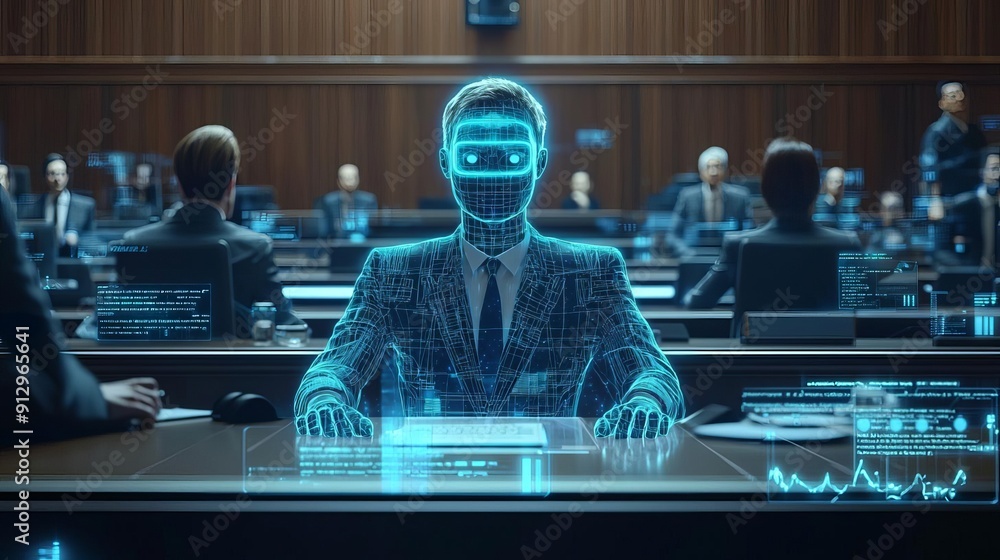 Fototapeta premium Freedom, Injustice, Impositment Bullying, Politics, Imprisonment Futuristic courtroom, holographic scales of justice, concept of imbalance, digital tension
