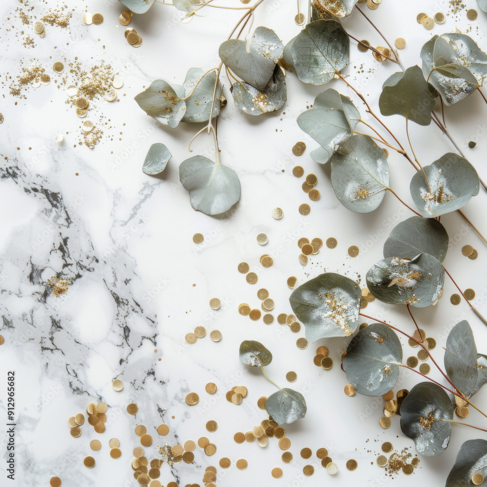 Fototapeta premium Eucalyptus Leaves and Gold Confetti on Marble Background