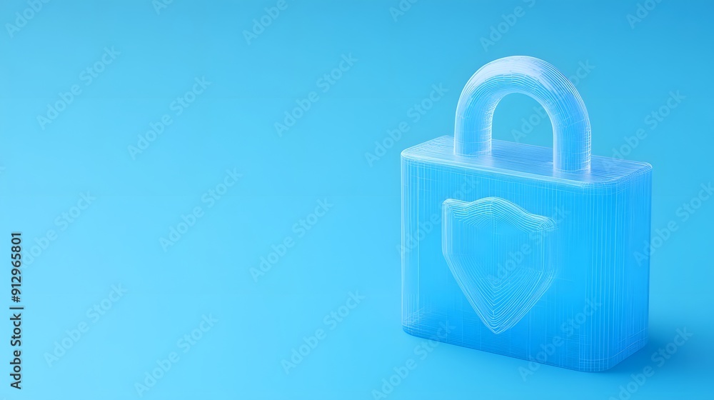 Blue translucent lock with shield icon on light blue background, symbolizing digital security and data protection. Blue translucent lock with shield icon on light blue background, symbolizing digital security and data protection.