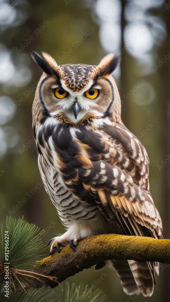 A barred owl perched on a tree branch facing left with striking orange eyes. A barred owl perched on a tree branch facing left with striking orange eyes.