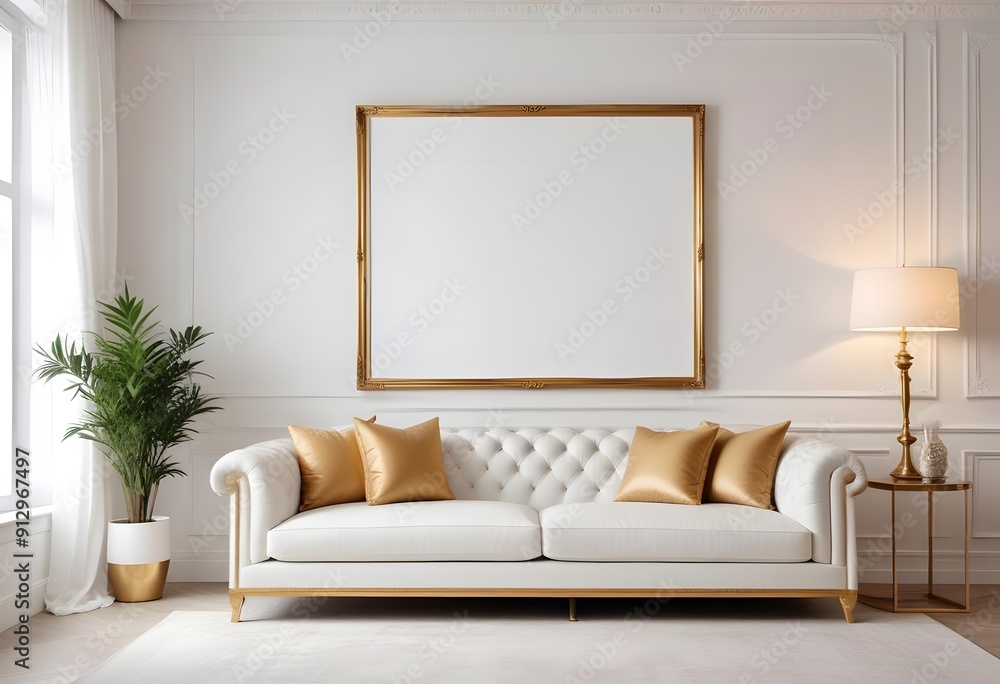 A large wooden frame hanging on a white wall above a beige sofa with decorative pillows, with potted plants on either side A large wooden frame hanging on a white wall above a beige sofa with decorative pillows, with potted plants on either side
