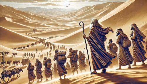 Biblical scene of Moses leading people through the desert with camels and mountains in 3d animation