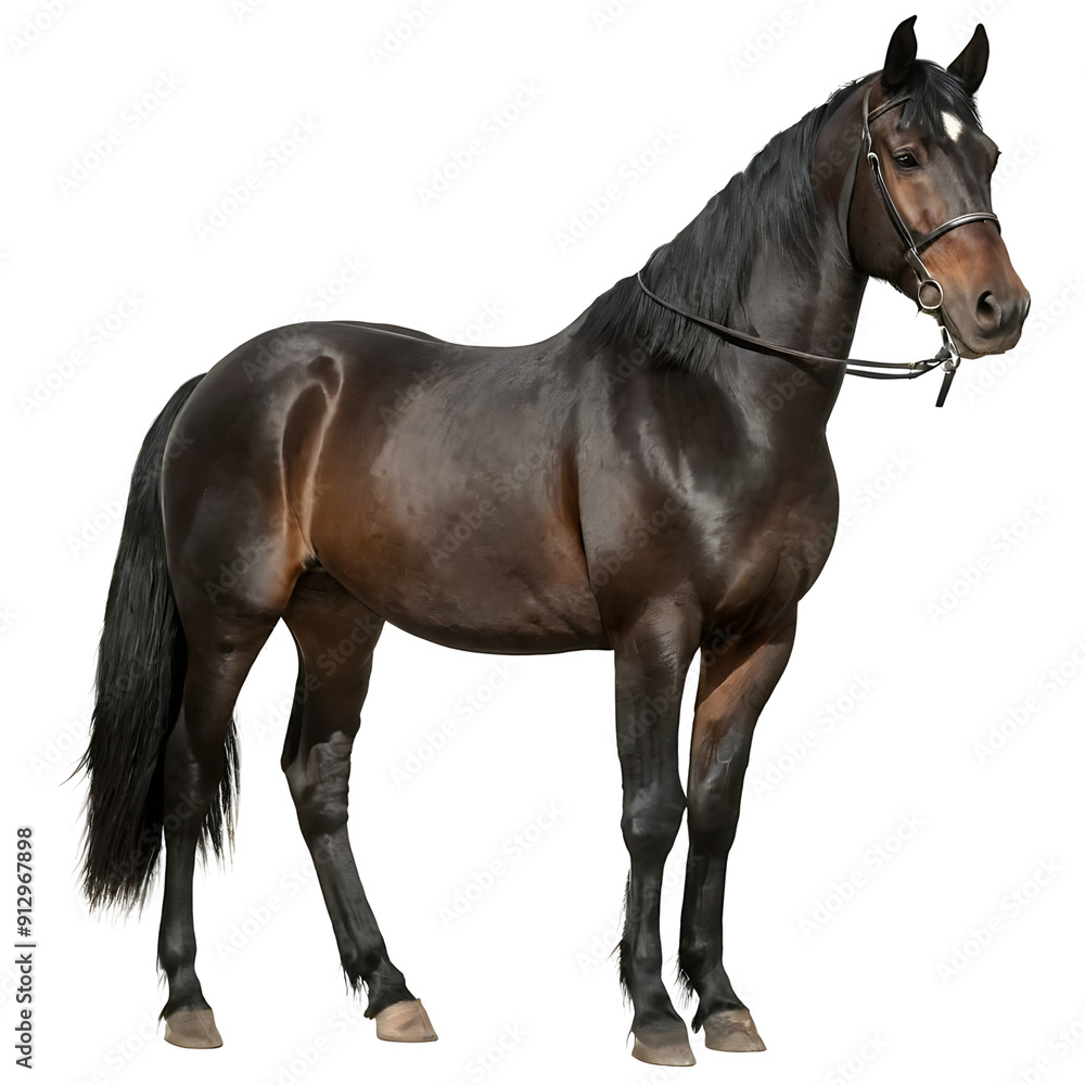 A bay horse in a bridle stands alertly, its coat gleaming. Transparent PNG for easy isolation. Ideal for equestrian, nature, or design projects. A bay horse in a bridle stands alertly, its coat gleaming. Transparent PNG for easy isolation. Ideal for equestrian, nature, or design projects.