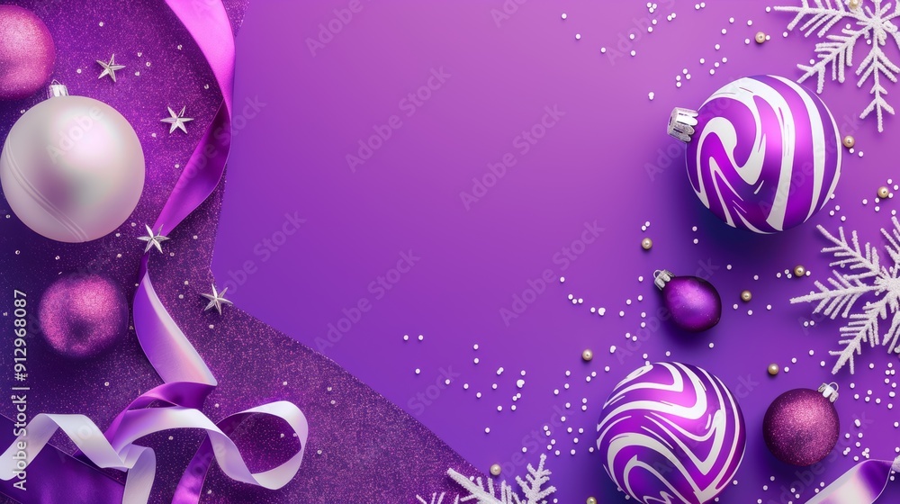 Purple Christmas ornaments and snowflakes with white accents scattered on a glittery purple background Purple Christmas ornaments and snowflakes with white accents scattered on a glittery purple background