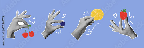 Hands holding fruit and berries. Modern summer collage set. Design elements for card, print, poster. Isolated vector illustration