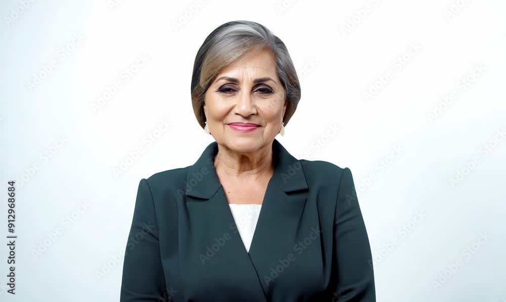 Medium shot portrait of a Saudi Arabian woman in her 50s in a white background wearing a classic blazer Medium shot portrait of a Saudi Arabian woman in her 50s in a white background wearing a classic blazer
