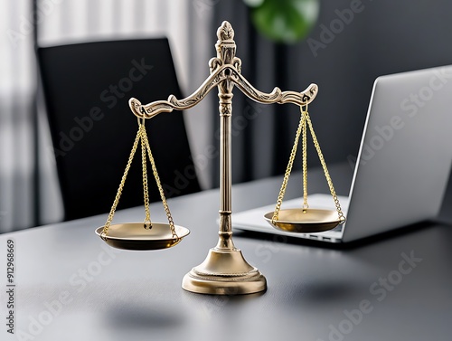 Semi close-up of lawyer s desk with scales of justice and laptop, professional setting, more clarity with clear light and sharp focus, high detailed photo