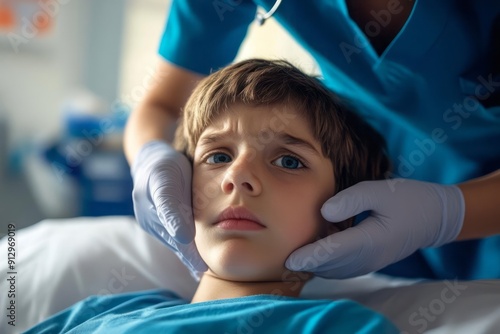 A healthcare provider examining a young patient with symptoms of meningoencephalitis fever photo