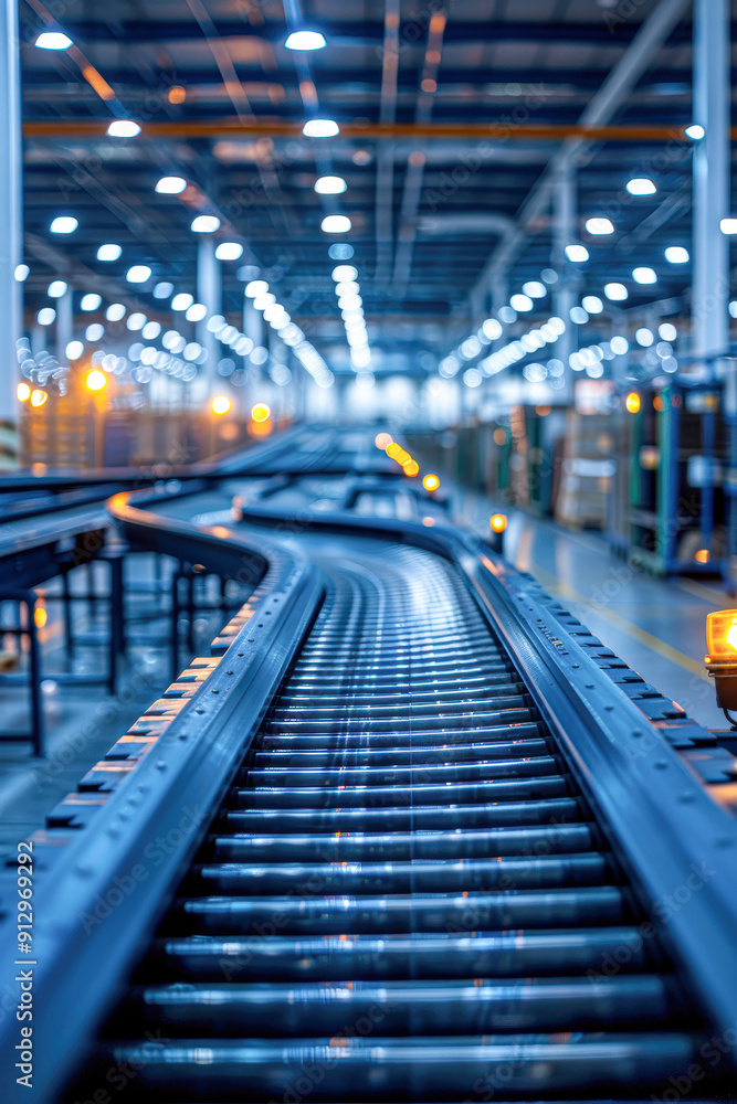 A conveyor belt in a factory with lights shining on it A conveyor belt in a factory with lights shining on it