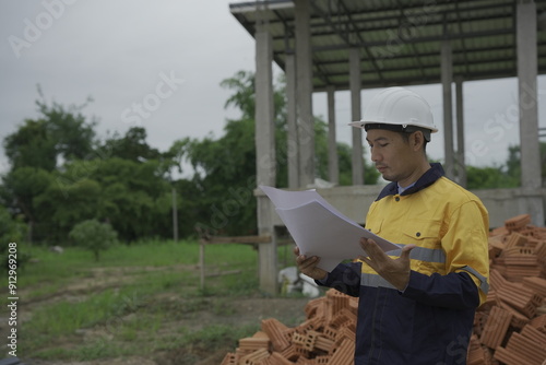 Professional architect engineer with hard hat and blueprint at building construction site house building permit background. Architects looking at blueprints. Construction and engineering industry