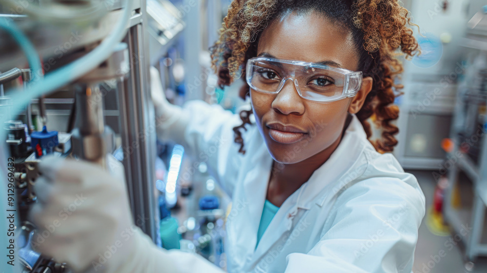 A woman in a lab coat is wearing safety goggles and working on a machine