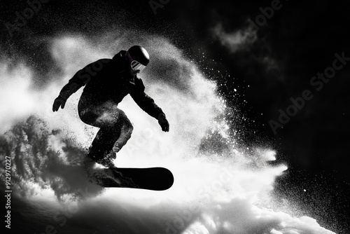 Black and white picture of snowboarder freestyling on the black background.